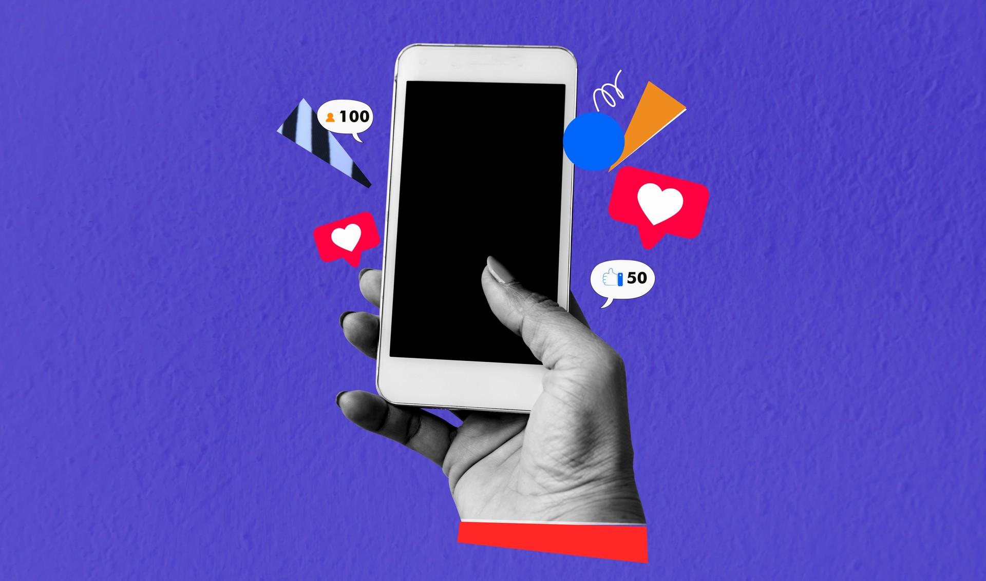 Hand hold mobile phone with black blank screen with like symbols from social networks heart like love follower, social media creative concept. Art collage digital pop modern art