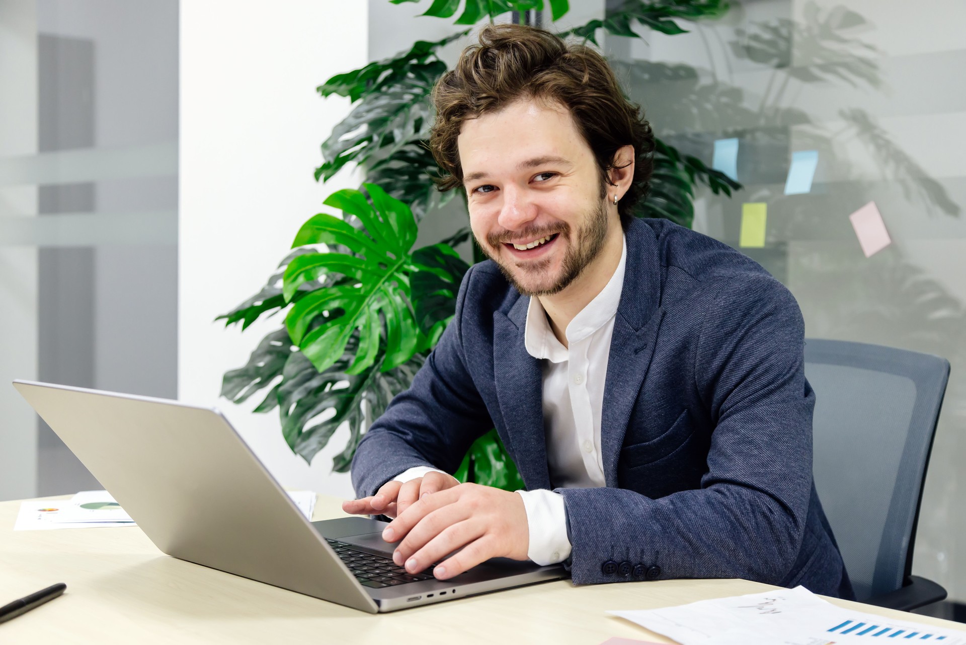 An office worker receives great news. Perfect for showing triumph and excitement at the end of the day.