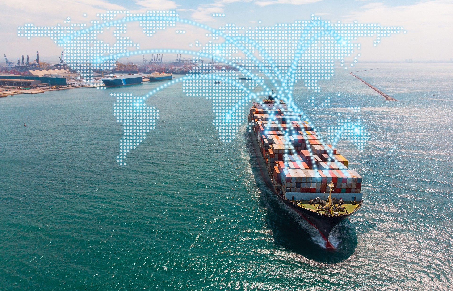 Cargo Ship with Digital Tracking Overlay at Sea