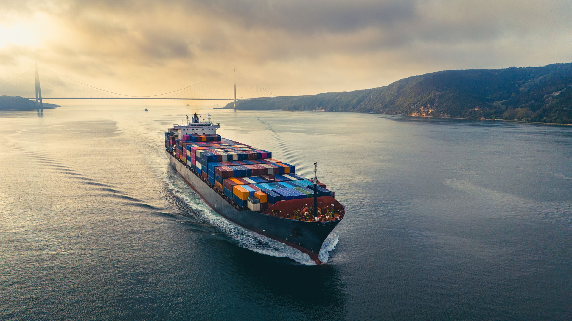 Aerial view of cargo container ship in transit.